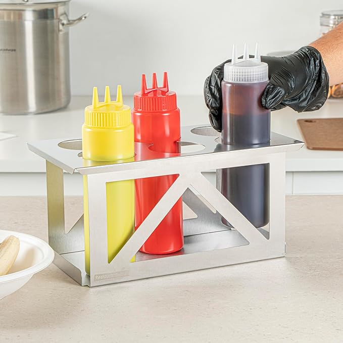 Restaurantware Squeeze Bottle Organizer 1 Count 12.79 x 7.09 x 6.26 Inch Durable Stainless Steel Condiment Dispenser Rack Six Hole Easy-To-Clean Holder Silver Rectangular Design for Commercial Kitchen