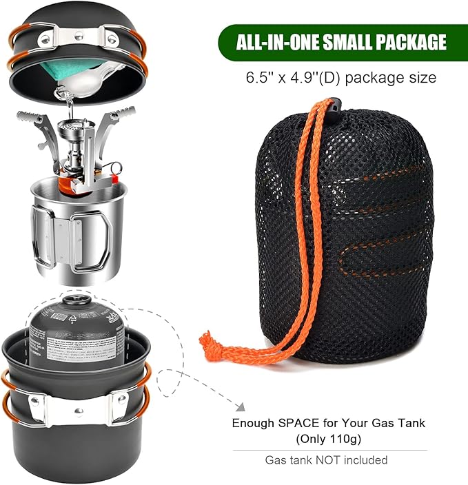Odoland 8pcs Camping Cookware Mess Kit, Camping Pot and Pan Set with Mini Backpacking Stove, Stainless Steel Cup, Spork and Tank Bracket, Cooking Gear for Outdoor, Hiking, Picnic, Campfire, Red