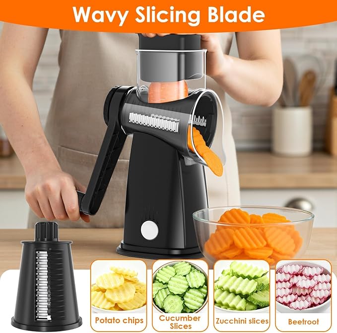 MealHelper 5 Blade Rotary Cheese Grater and Vegetable Chopper with Storage Box and Hand Crank, Compact Shredder for Cheeses, Veggies, Nuts - Easy to Use, Non-slip Suction Base,Black