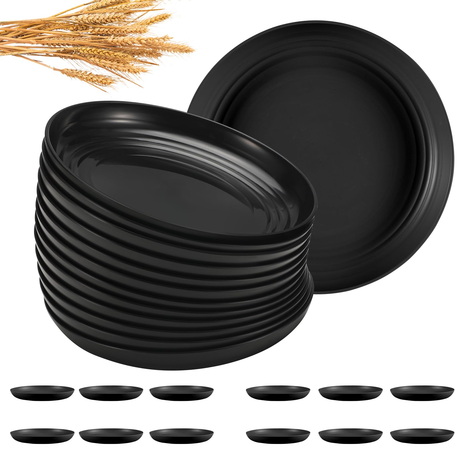 HEYCOME 12 Pcs Unbreakable Deep Dessert Plates Set, 8 inch Reusable Plastic Wheat Straw Plates, Microwave and Dishwasher Safe Plate for Kitchen, Lightweight Plate for Dessert, BPA Free, Black