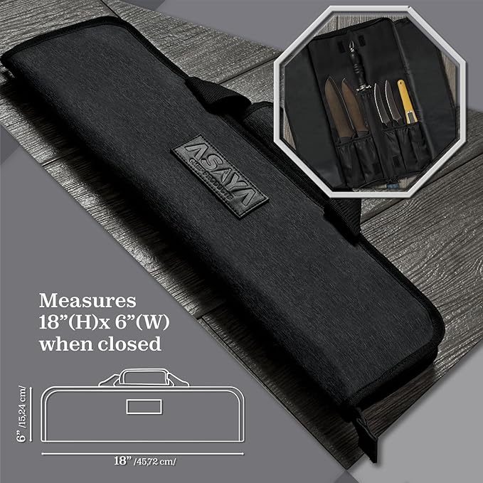 Asaya Chef Knife Roll Bag - 12-Pocket Chefs Case for Kitchen Knives and Utensils, Lightweight Stain-Resistant Waxed Nylon Chef Knife Bag - Knives Not Included (Black)
