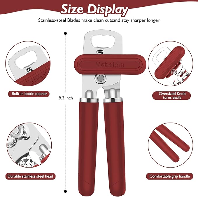Mebotem 10 Colors Can Opener Manual Handheld Heavy Duty Hand Can Opener Smooth Edge Stainless Steel Can Openers Top Lid Kitchen Gadgets, Best Large Rated Easy Turn Knob, with Bottle Opener, Burgundy