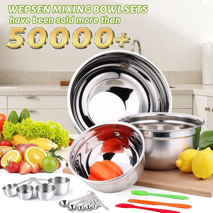 WEPSEN Mixing Bowls with Lid Set, 25PCS Kitchen Utensils Metal Bowl Stainless Steel Nesting Bowls, Measuring Cups and Spoons, Egg Whisk for Baking Prepping Cooking Serving Supplies