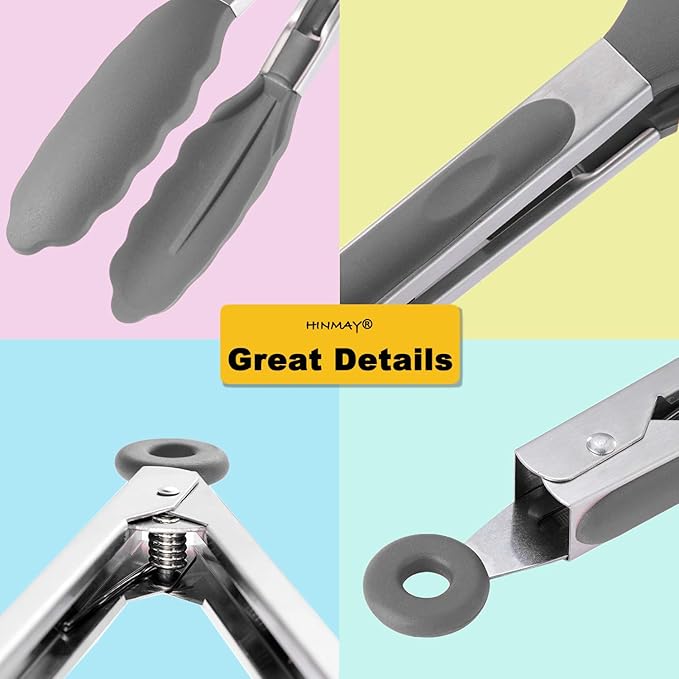 HINMAY Locking Kitchen Tongs with Silicon Tips 9-Inch, Set of 3 (Gray)