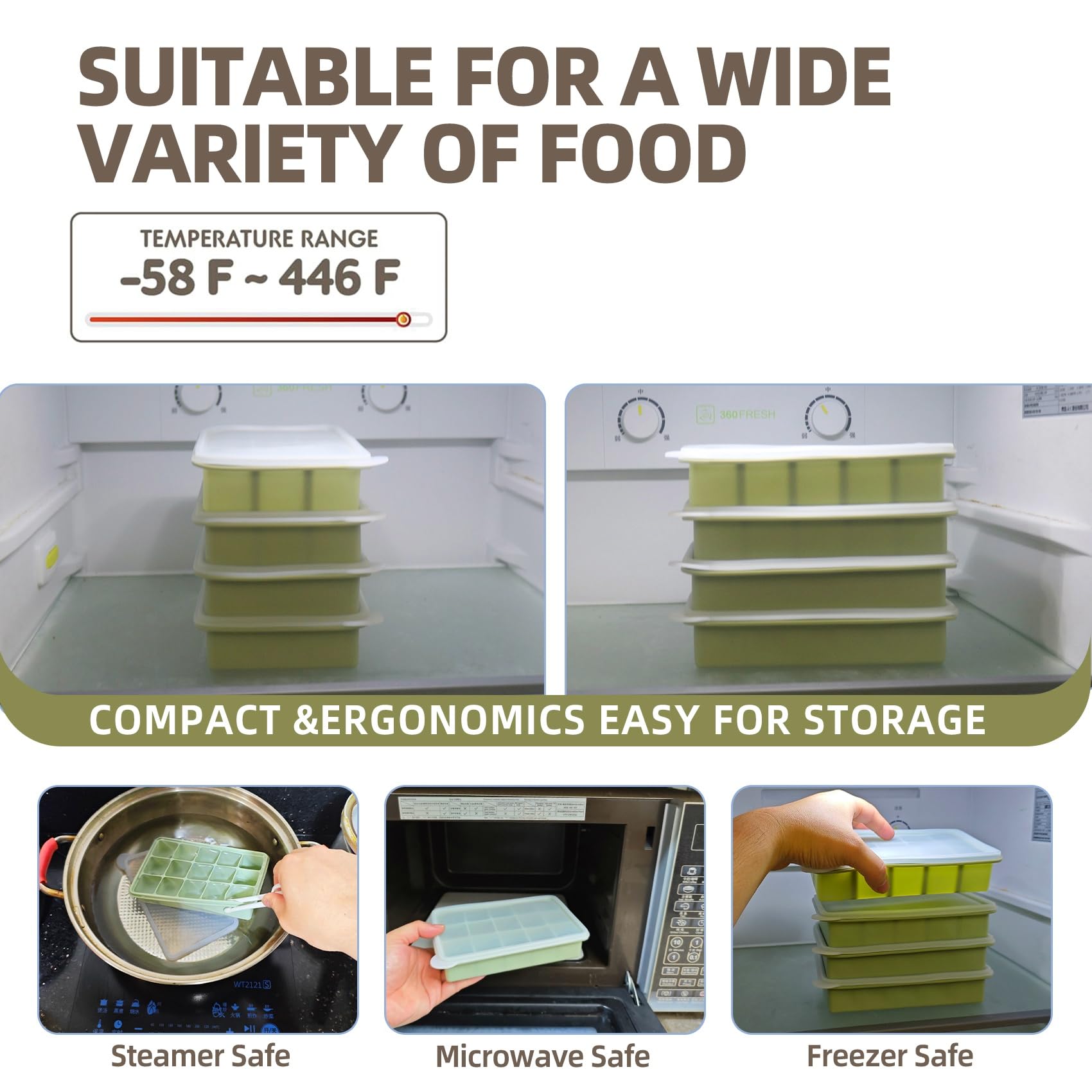 2 Tbsp Silicone Freezer Molds - Perfect for Storing Garlic, Herbs, Ginger, Pesto, Tomato Paste, Lemon Juice, Purees and More - Silicone Food Freezer Tray (Green 4 Pack)