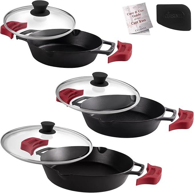 Cuisinel Cast Iron Skillet with Lid - 12"-Inch Frying Pan + Glass Cover + Silicone Handle Holder - PFAS and PFOA-free Pre-Seasoned Oven Safe Cookware - Indoor/Outdoor Use - Grill, BBQ, Fire, Stovetop