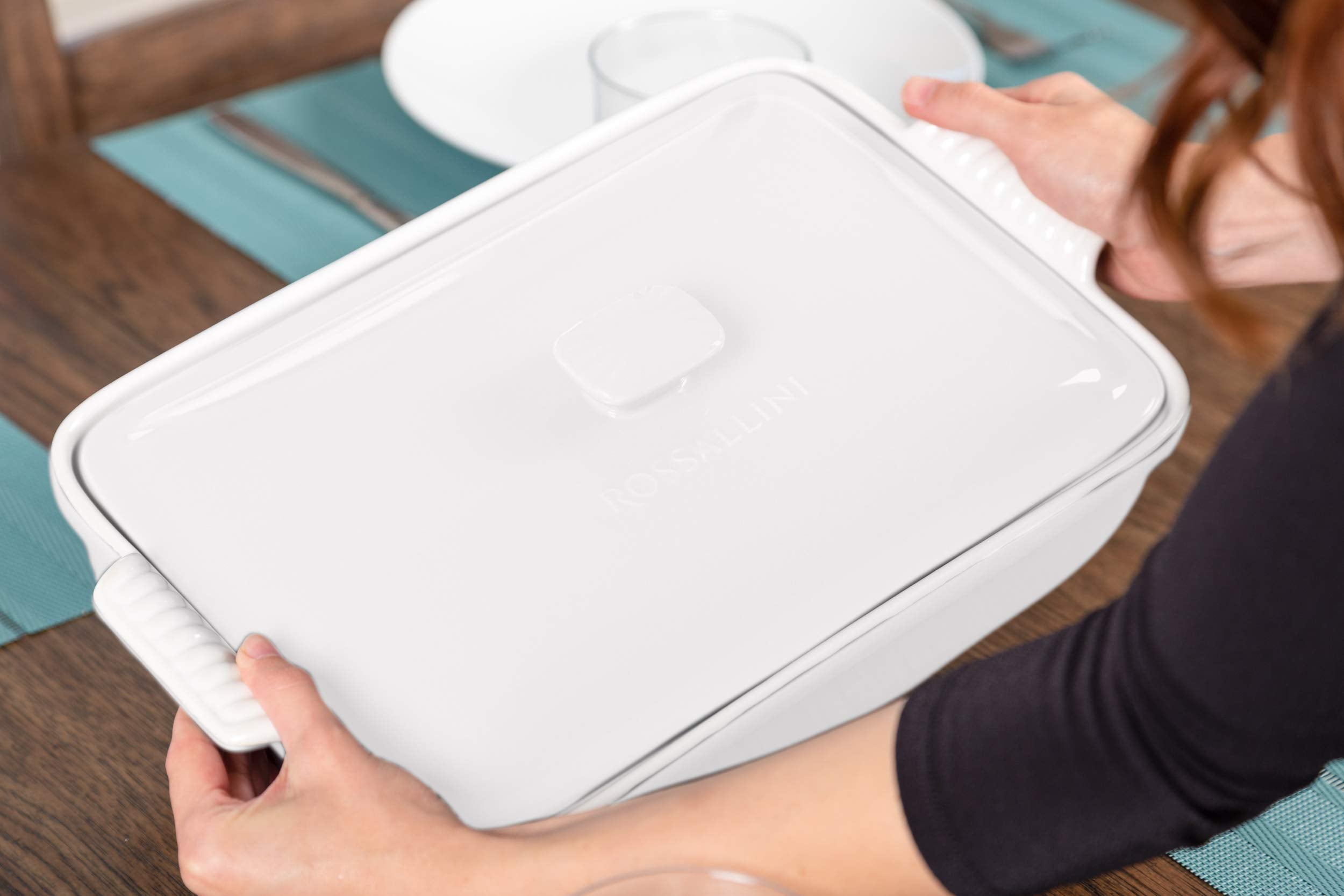 ROSSALLINI Stoneware Casserole Dish Bakeware Set with Lid, Covered Rectangular Dinnerware, Large 3.2 Quart, 11 by 9 Inch, Bianco [White]