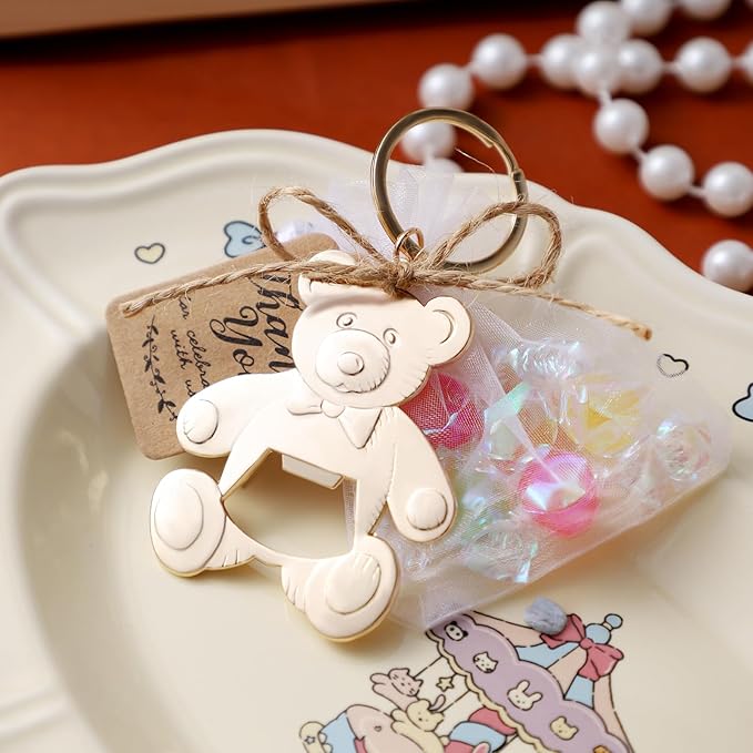 Uezea Bottle Openers Baby Shower Return Favors for Guests Cute Bottle Opener Decorations and Souvenirs with Organza Bags Tags for Theme Party Favors (Retro Style,73 pieces) (Teddy bear)