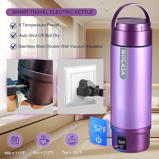 Vacuum Insulated Portable Electric Kettle,Miicasa Stainless Steel Tumbler Small Electric Kettel,Travel Water Boiler with 6 Temperature and Auto Shut-Off Boil Dry,16oz