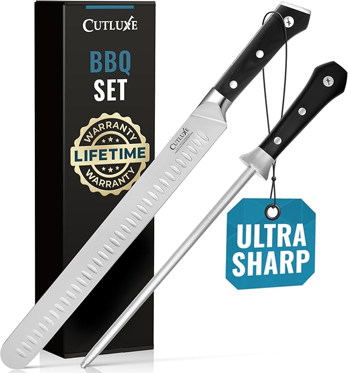 Cutluxe BBQ Carving Set, 12" Brisket Knife & 10" Honing Rod for Meat