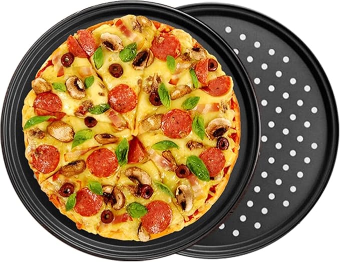 InBlossoms 11 inch Pizza Pan With Holes, Carbon Steel Perforated Non-Stick Bakeware for Home Kitchen Oven, 2 Pack