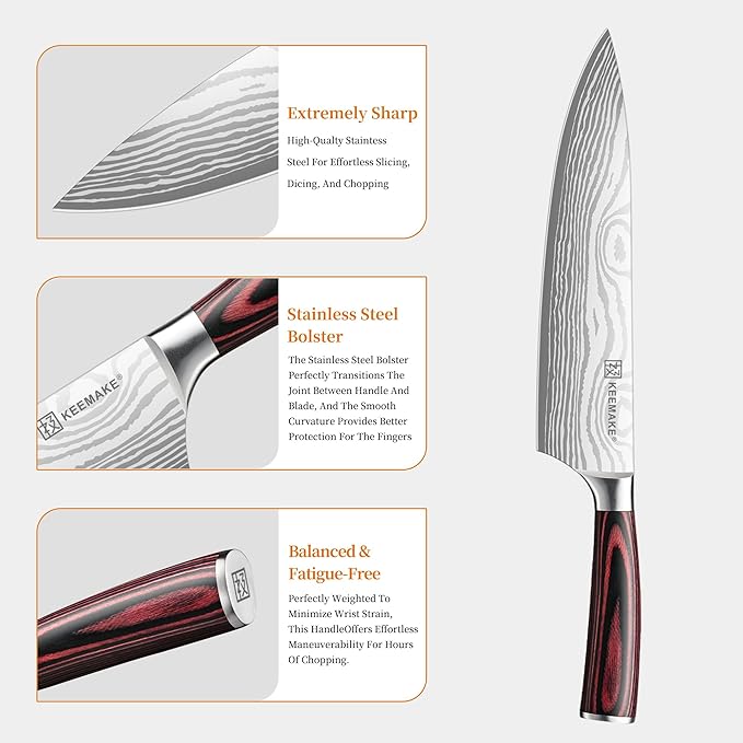 KEEMAKE 3 Pieces Kitchen Knife Set, Professional Ultra Sharp Chef Knife Set