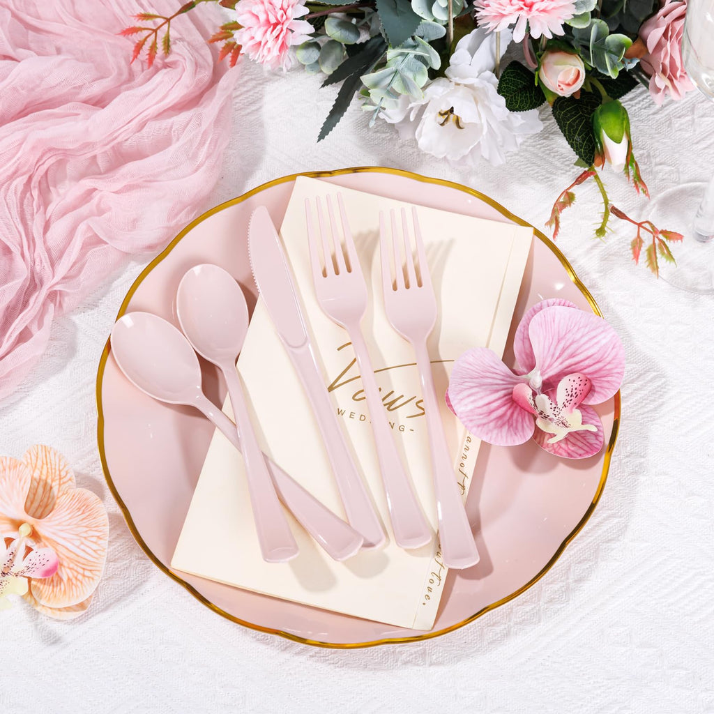 Supernal 300pcs Pink Plastic Silverware, Disposable Cutlery Set