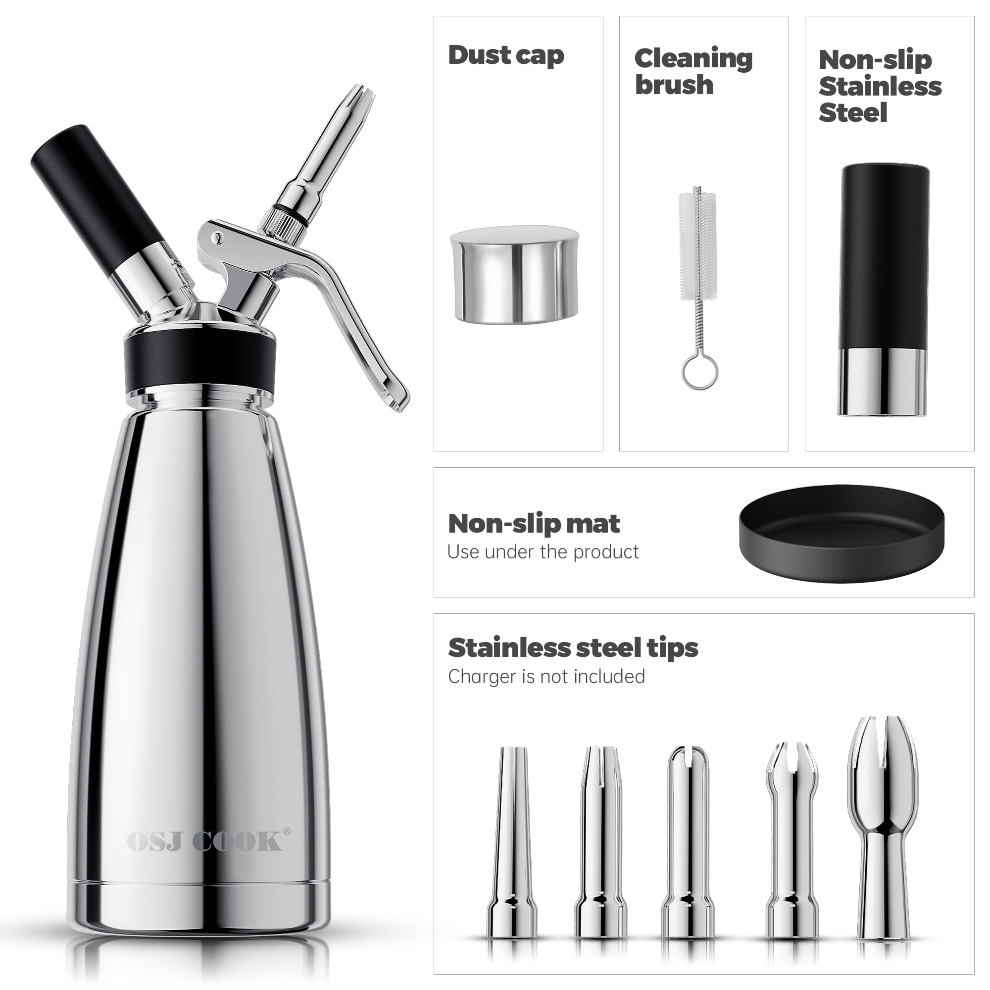 Whipped Cream Dispenser Stainless Steel Keep Warm and Cold,500mL/1 Pint Double Wall Thermos Whipped Cream Maker,5 Various Stainless Decorating Nozzles,1 Cleaning Brush,N2O Chargers NOT Included