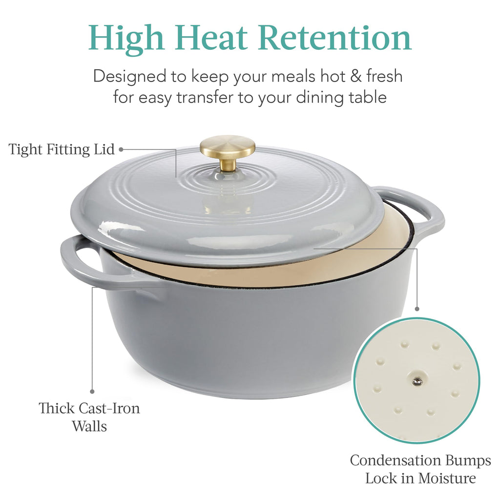 Best Choice Products 6 Quart Enamel Cast-Iron Round Dutch Oven, Family Style Heavy-Duty Pre-Seasoned Cookware for Home, Kitchen, Dining Room, Oven Safe w/Lid, Dual Handles - French Gray
