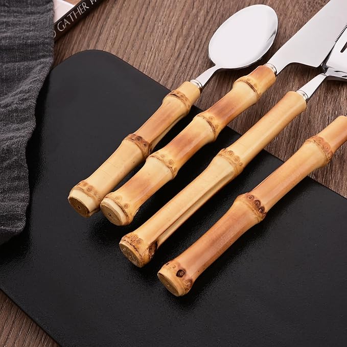 Uniturcky 8-Piece Bamboo Handle Dinner Spoon Set, Stainless Steel Spoons for Kitchen Home and Restaurant, Mirror Polished, 8.03 inch