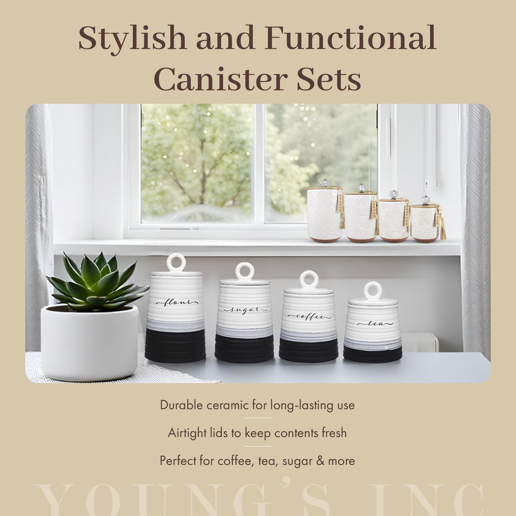 Young's Inc. 4 Pcs Set Casual Provincial Ceramic Canisters- Storage Container for Kitchen and Bathroom - Beautiful Home Decor Accent to Store Food, Coffee, Tea, and More - Green, White
