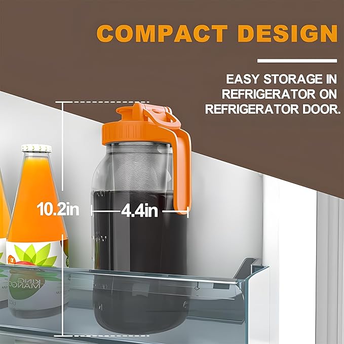 Cold Brew Coffee Maker Jar - 64oz Thick Glass Multipurpose Mason Pitcher Spout Lid with Handle & Stainless Steel Filter for Iced Coffee, Lemonade, Ice Tea, Homemade Fruit Drinks Container