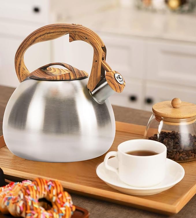 Foedo 3.2Qt Stainless Steel Whistling Tea Kettle Stovetop, Silver