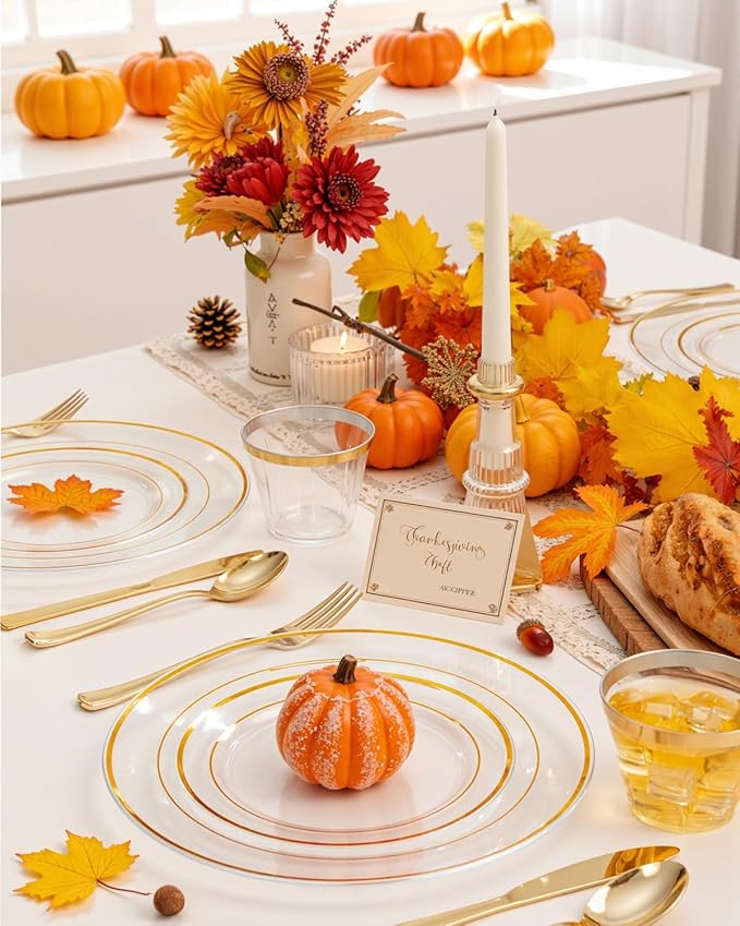 bUCLA 600PCS Clear Plates with Gold Trim - Clear Gold Dinnerware Set Disposable Include 100 Dinner/100 Dessert Plates, 100 Knives, 100 Forks, 100 Spoons, 100 Cups for Wedding, Party