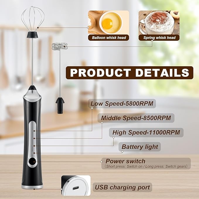 Freebala Handheld Electric Milk Frother with 2 Heads, Coffee Whisk Foam Mixer with USB Rechargeable 3 Speeds, Foam Maker Blender for Latte, Cappuccino, Hot Chocolate, Egg (Type 3)