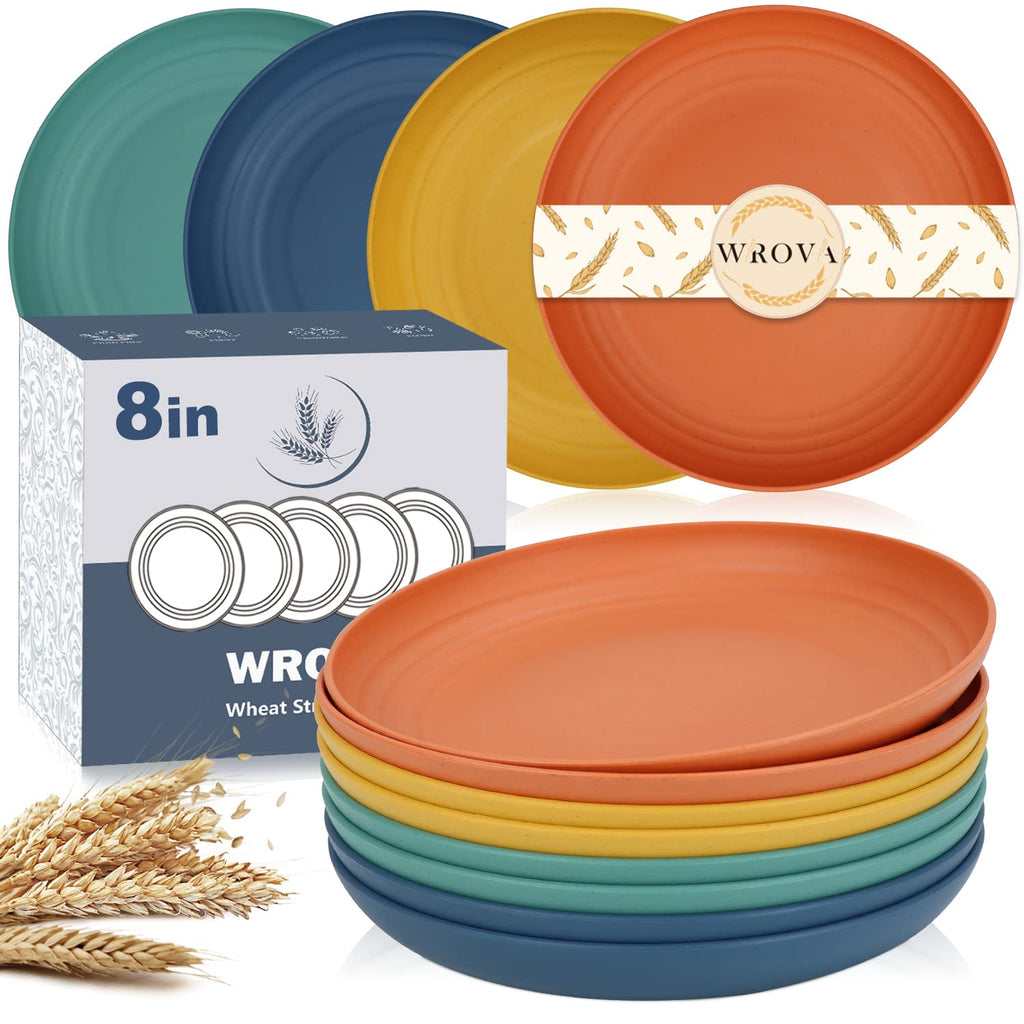 Wrova Wheat Straw Plates - 8 Inch Unbreakable Dinner Plates Set of 8 - Dishwasher & Microwave Safe Plastic Plates Reusable - Lightweight Plate for kitchen,R.V. (Colorful Series)