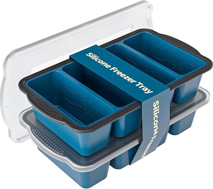 GORCI Silicone Freezer Tray With Lid, 8 Large 1 Cup Soup Freezer Molds, Soup Freezer Container for Meal Prepping, Large Ice Cube Tray， Perfect for Storing Leftovers, Sauces, Lasagna, 2-Pack
