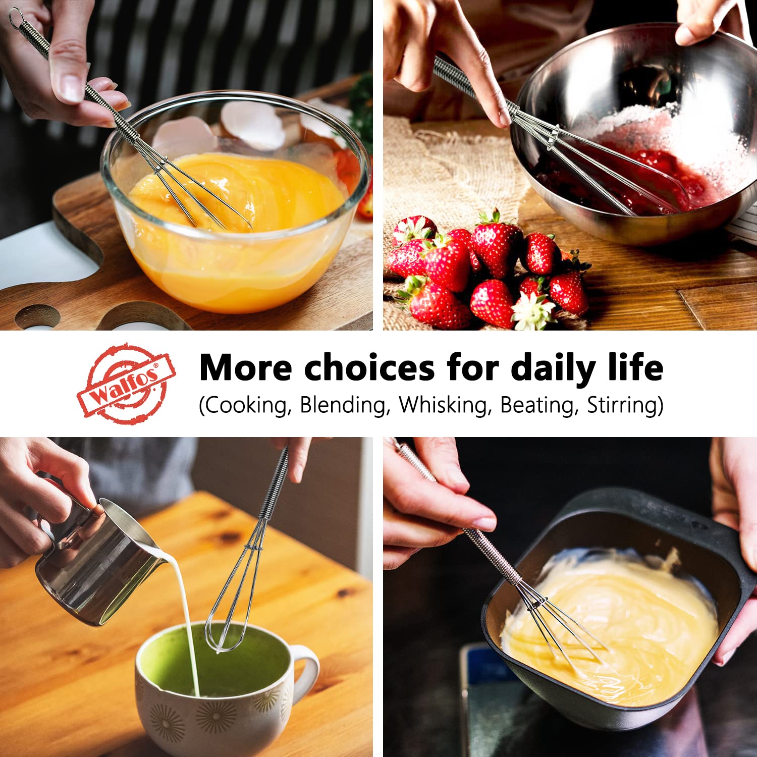 Walfos Mini Whisks Stainless Steel, Small Whisk 2 Pieces, 5in and 7in Tiny Whisk for Whisking, Beating, Blending Ingredients, Mixing Sauces