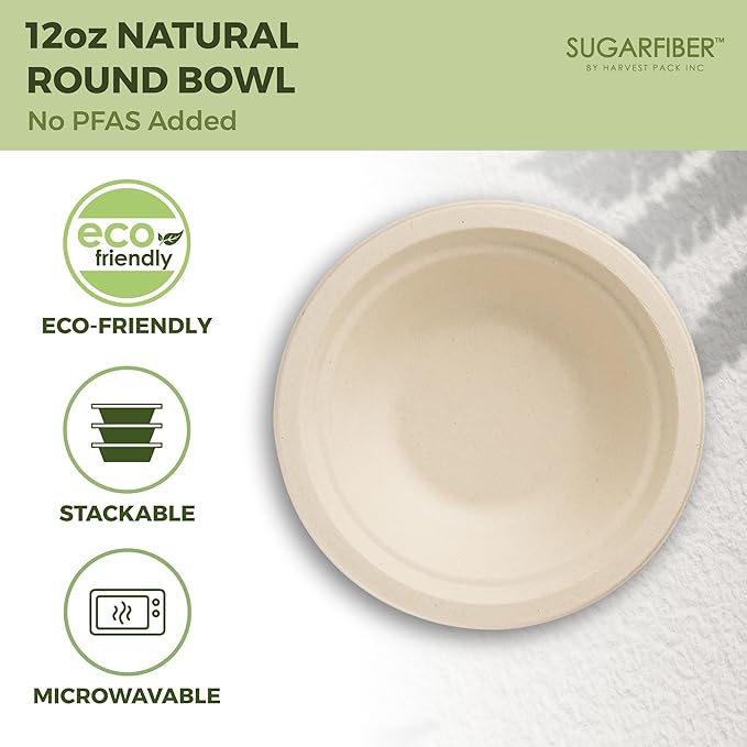 12oz Compostable Paper Bowls Disposable Round Natural Cereal Bowl, 50 Count