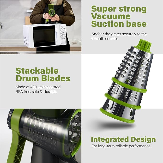ALEXPHY Rotary Cheese Grater hand crank 3 blades with Stronger Suction Base | Stainless Steel Blades for Fruits, Vegetables, Nuts. Dishwasher Safe & Easy to Clean, Transparent Black & Green