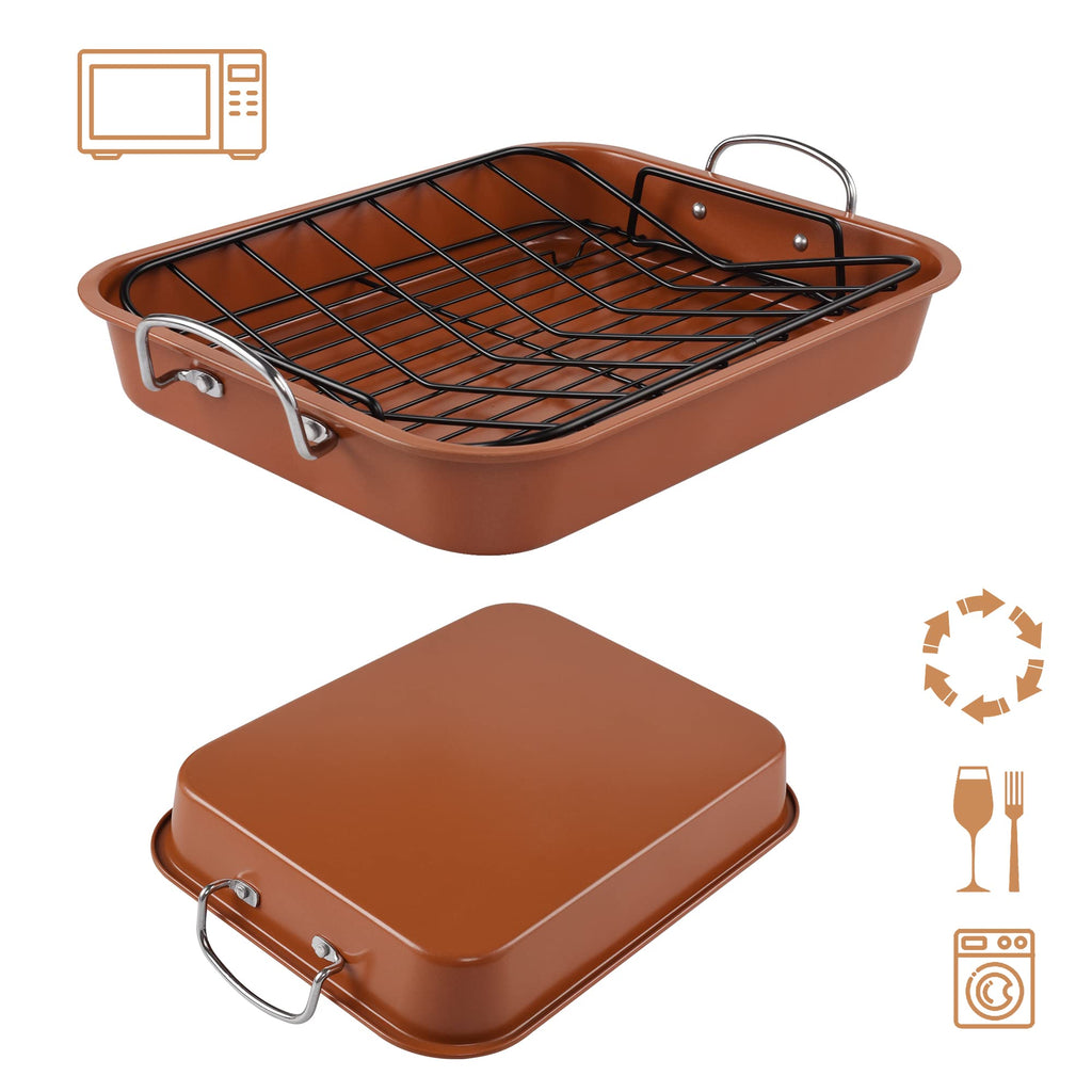 KitCom Nonstick Roasting Pan, Roaster with Cooling Rack and V-Rack - 16 Inch Rectangular Turkey Roaster Lasagna Pan for Easter, Thanksgiving & Christmas, Dishwasher Safe, Bronze