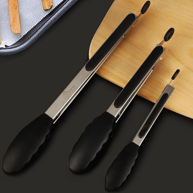HOTEC Premium Stainless Steel Locking Kitchen Tongs with Silicon Tips, Heat Resistant Cooking Tongs Set of 3-7", 9" and 12", Black