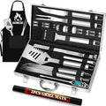 ROMANTICIST 26pcs Grilling Gifts for Men, Dad Gifts for Father's Day, Stainless Steel BBQ Grill Accessories Tools Set, Heavy Duty BBQ Utensils Kit with Apron, Thermometer, Mats in Aluminum Case Silver