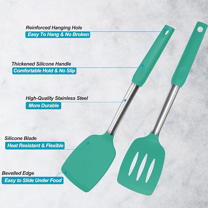 2 Pack Spatulas, Solid & Slotted Silicone Spatula Set, Stainless Steel Handle Coated with Silicone, Non Stick Turners, Heat Resistant Rubber Spatulas for Fish, Eggs, Pancakes, WOK, Teal
