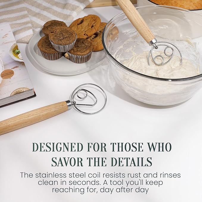 Danish Dough Whisk for Sourdough Bread, 13-Inch Bread Whisk with Wooden Handle, Stainless Steel Single Loop Dough Mixer and Sourdough Whisk for Bread Making, Pizza Dough, Batter and Pastry