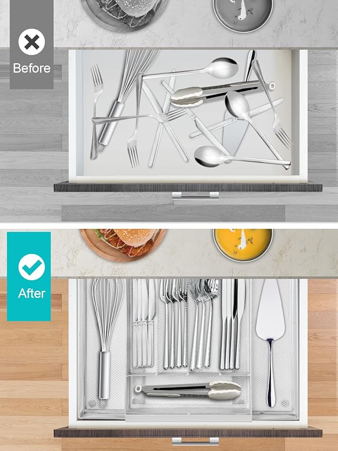 Sedegn Expandable Kitchen Utensil Organizer - 9.6" to 16.1" Adjustable Cutlery Tray with 5-7 Compartments - Fits Various Drawer Sizes & Holds Large Ladles Spatulas Forks Spoons & Knives White