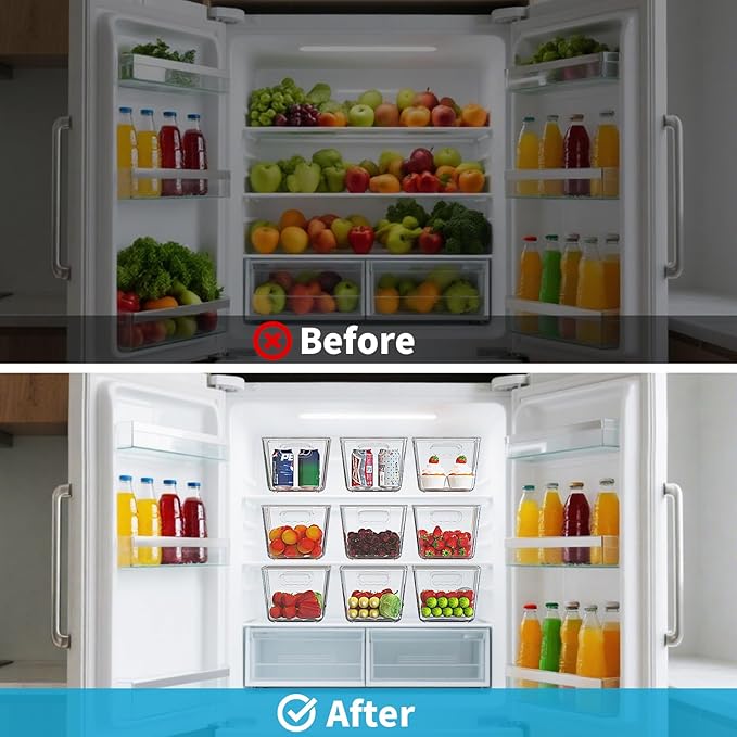 Clear Stackable Fridge Organizer with Lids, 4 Pack Large 11.5×7.5×6 Inch