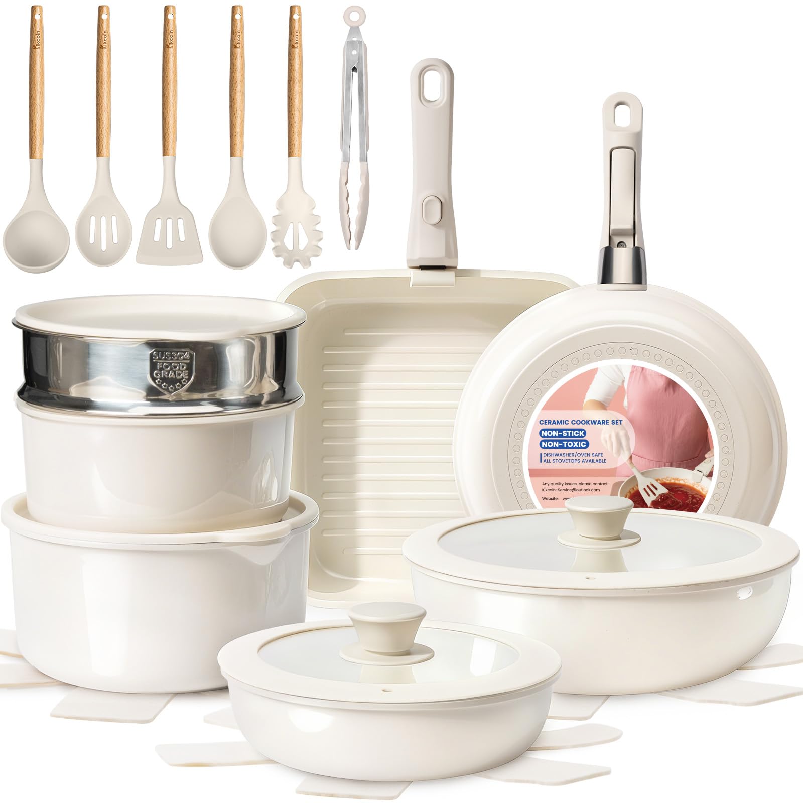 KIKCOIN Nonstick Pots and Pans Set - Ceramic Cookware Set with Detachable Handle - 25 Pack Healthy Pans Set for Cooking - Stackable for RV Kitchen, Induction Ready - Dishwasher and Oven Safe