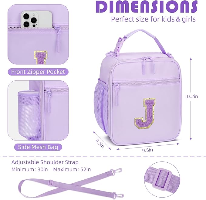 CLOUDWINGS Initial Insulated Lunch Bag for Girls Kids, Back to School Gift, Reusable Leak-proof Lunch Box with Adjustable Strap for School Daycare Travel Picnic (Purple,J)