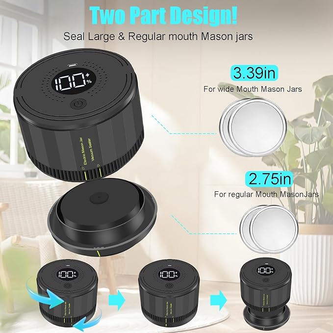 YK Siguoril Electric Mason Jar Vacuum Sealer, Auto Stop Mason Jar Vacuum Sealer Kit for Wide Mouth and Regular Mouth canning lids with Food Storage Labels for Freshness and Preservation