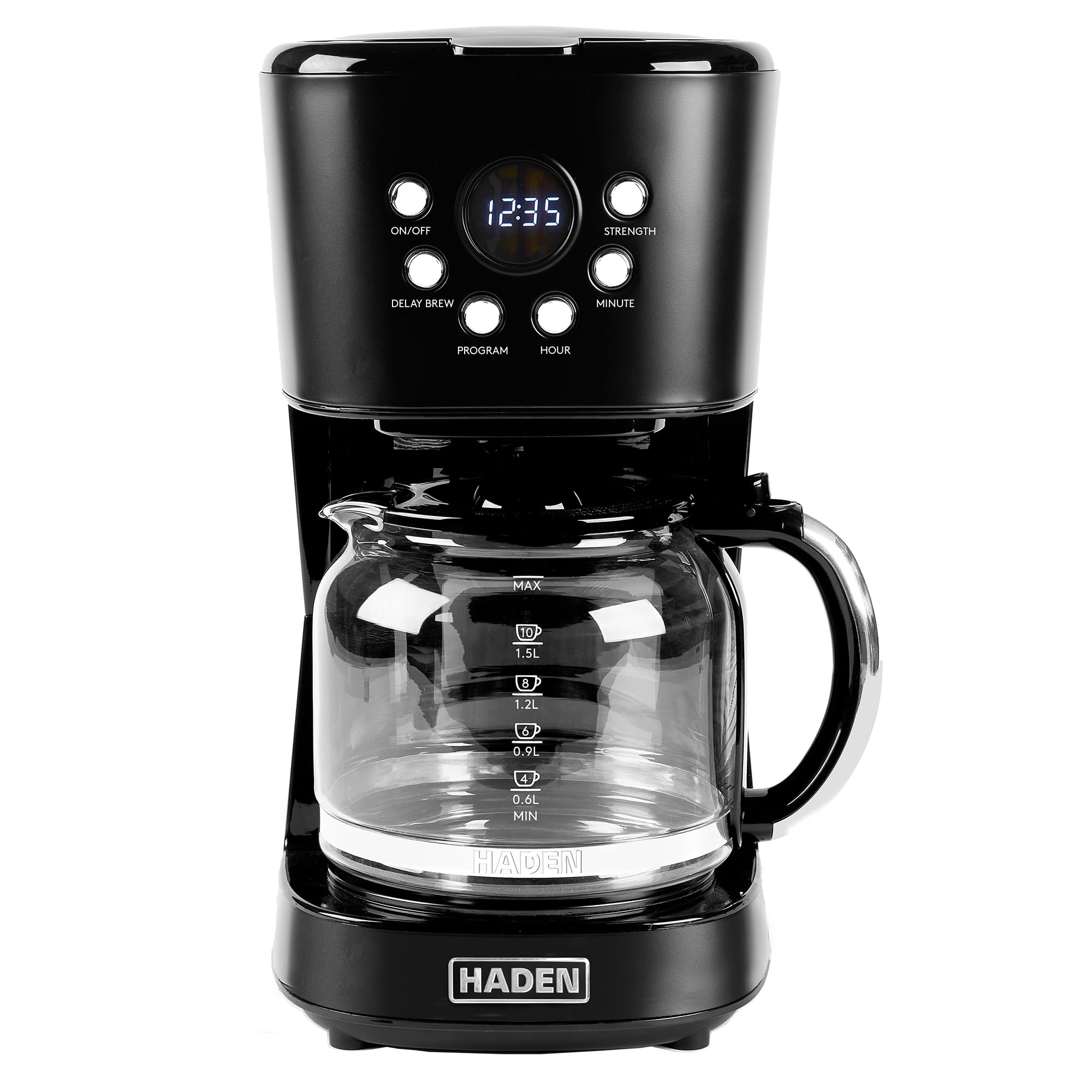 HADEN Coffee Machine, 12 Cup Programmable Drip Coffee Maker with Auto Shut-Off Function and Reusable Washable Water Filter, Black & Chrome