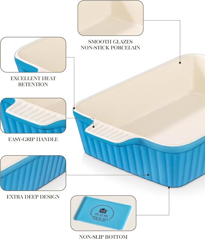 MALACASA 4.4 QT Ceramic Casserole Dishes for Oven, 9x13 Baking Dishes, Blue
