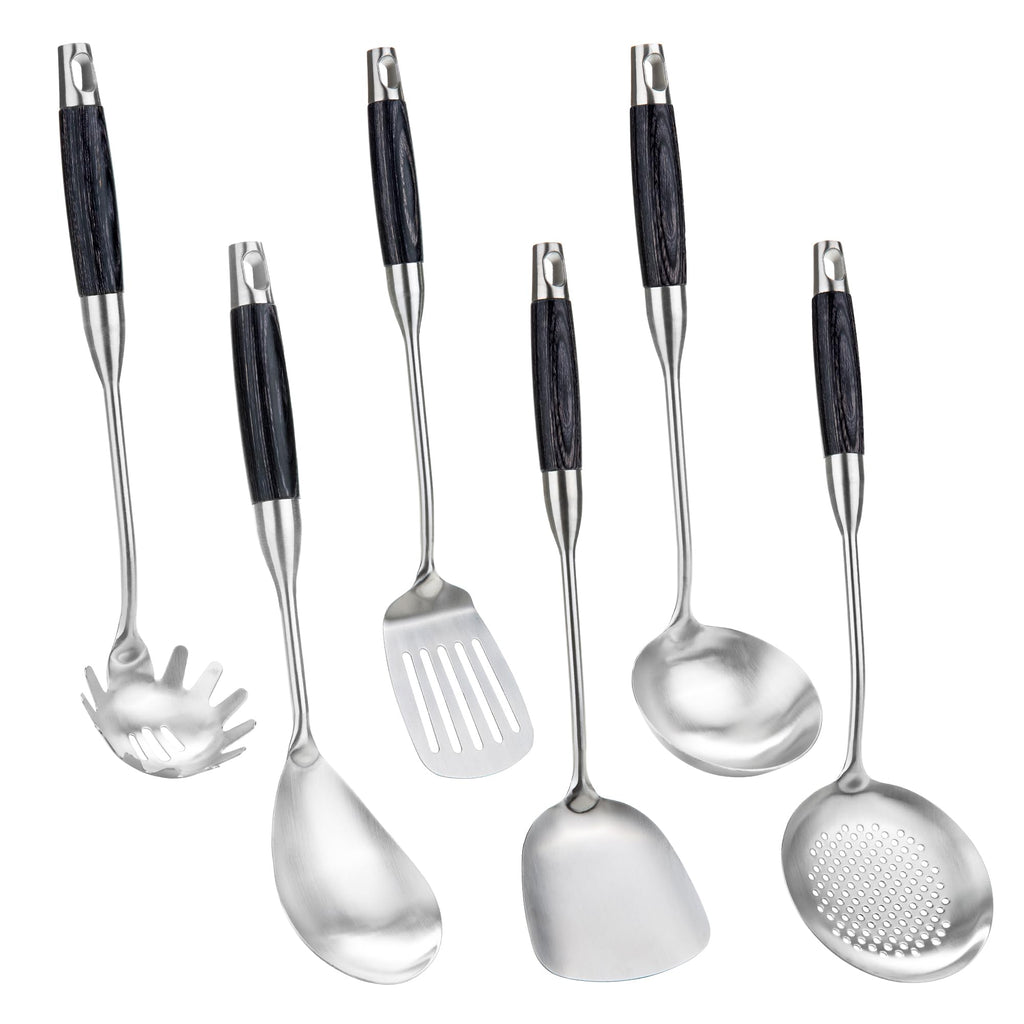 FJNATINH Stainless Steel Kitchen Utensils, Set of 6 Cooking Tools with Wooden Handle, Wok Spatula, Soup Ladle, Skimmer Spoon, Slotted Spatula Turner, Spaghetti Server, Solid Spoon