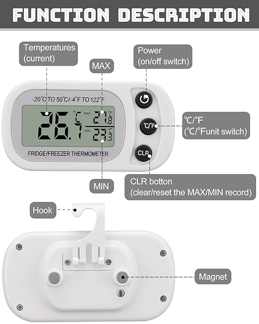 Frienda 12 Pcs White Digital Fridge Thermometer Waterproof Refrigerator and Freezer Max/min Record Function LCD Screen Refrigerator Thermometer with Hook and Magnetic Back for Home (Button)