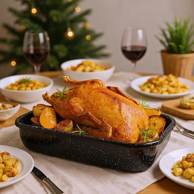 3-Pack Turkey Roasting Pans 17/15/13Inch Spotted Enamel Steel,Ovens Cake Roaster Pan Set Deep Lasagna Baking Pan Vessel Used for Dinners Cooking Safe Easy to Clean Bakeware Merry Christmas Gift