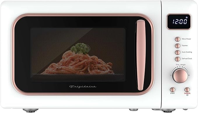 Frigidaire, 0.7 Cu. Ft. Retro Countertop Microwave Oven, 700W Compact Microwave with 8 Auto Cook Menus, Auto Defrost, 5 Power Levels, LED Display, Glass Turntable, White-RoseGold