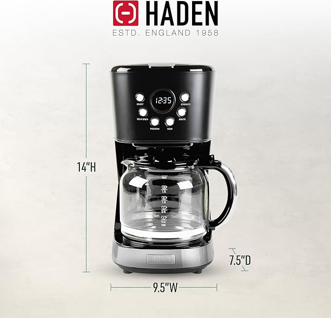 HADEN Coffee Machine, 12 Cup Programmable Drip Coffee Maker with Auto Shut-Off Function and Reusable Washable Water Filter, Black & Chrome