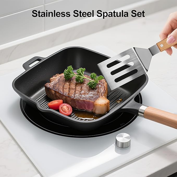 Stainless Steel Spatula Set, 2 Pcs Metal Spatulas for Kitchen Use, Professional Metal Spatula for Cast Iron Skillet with Wooden Handle, Ideal Choice for Making Desserts, Pancakes, Eggs, and BBQ