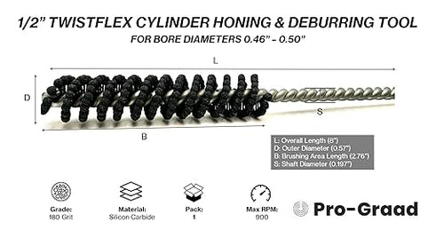 1/2" 180 Silicon Carbide TwistFlex Cylinder Hone for 0.46"- 0.51" Bores