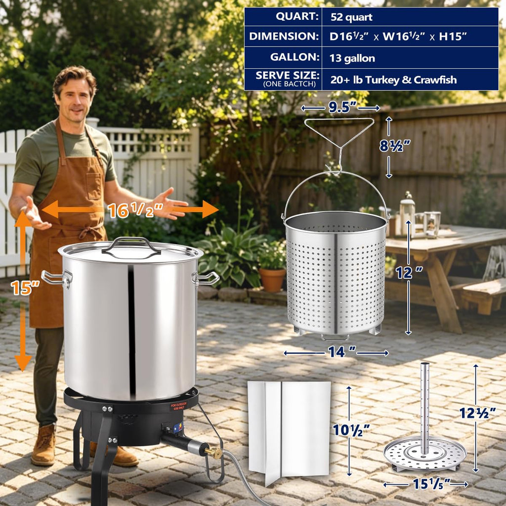 ARC 52QT Stainless Steel Stockpot for Crab Seafood Boiler w/Basket, 13Gal